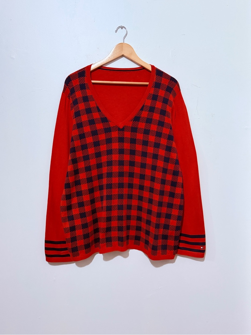 Tommy Hilfiger Red and Black Buffalo Plaid V-Neck Sweater